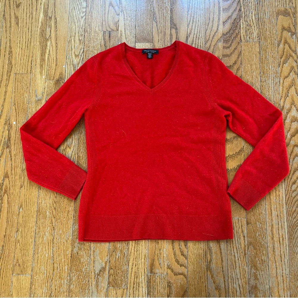Saks Fifth Avenue Red V-Neck 100% cashmere Sweater